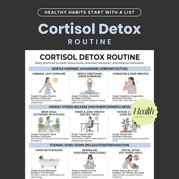 Cortisol Detox Plan, Stress Management Poster, Balanced Healing, Beginner Workout, Daily Exercises