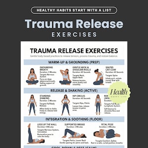 May include: An illustrated guide to "Trauma Release Exercises", featuring various poses and movements. The graphic includes text detailing the exercises, such as Grounding Breath, Gentle Neck & Shoulder Rolls, and Hip Circles, promoting relaxation and well-being.