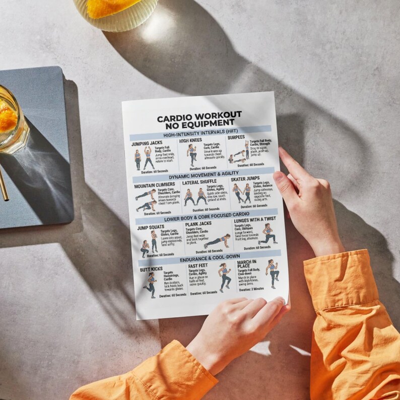 May include: A white printed workout guide titled "Cardio Workout No Equipment" is held by a person. The guide features illustrated exercises like jumping jacks, high knees, burpees, mountain climbers, and skater jumps. The person is wearing an orange long-sleeved shirt.