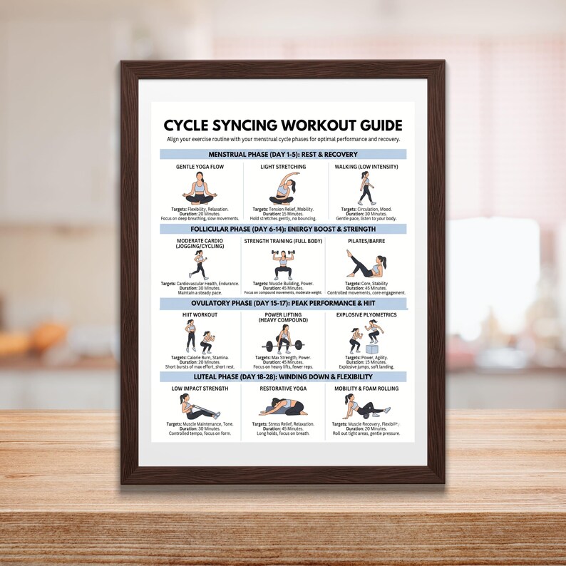 K&ouml;nnte beinhalten: Ein gerahmter Trainingsleitfaden mit dem Titel "CYCLE SYNCING WORKOUT GUIDE" mit Trainingsroutinen, die auf die Menstruationszyklusphasen abgestimmt sind. Der Leitfaden enth&auml;lt Illustrationen und Text f&uuml;r verschiedene Phasen: Ruhe & Erholung, Energieschub & Kraft, Peak Performance & HIIT und Ausklingen & Flexibilit&auml;t.