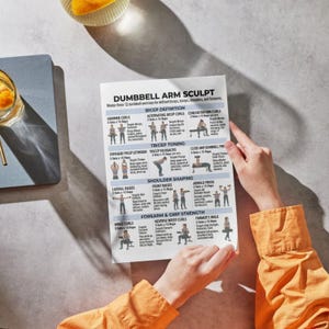 May include: A person holds a white printed sheet titled "DUMBBELL ARM SCULPT" with exercise diagrams for biceps, triceps, shoulders, and forearms. The sheet includes illustrations and instructions for various dumbbell exercises. The person wears an orange long-sleeved shirt.