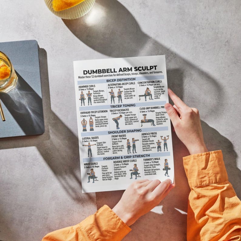 May include: A person holds a white printed sheet titled "DUMBBELL ARM SCULPT" with exercise diagrams for biceps, triceps, shoulders, and forearms. The sheet includes illustrations and instructions for various dumbbell exercises. The person wears an orange long-sleeved shirt.