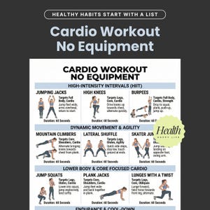 May include: Infographic with a cardio workout routine, titled "Cardio Workout No Equipment." It features exercises like jumping jacks, high knees, burpees, mountain climbers, lateral shuffles, skater jumps, jump squats, plank jacks, and lunges with a twist.