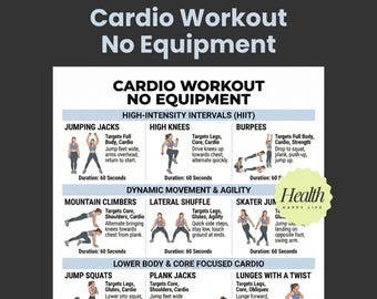 Cardiotraining zonder apparatuur, afdrukbare training bovenlichaam, traininggids onderlichaam, afdrukbare oefeningen, thuisfitnessplan