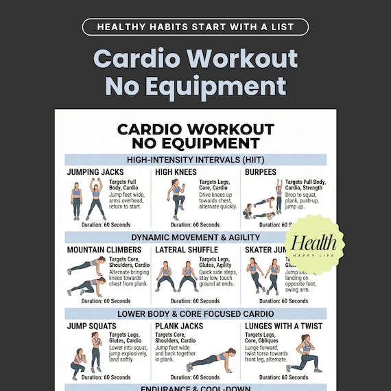 Cardio No Equipment Workout, Upper Body Workout Printable, Lower Body Workout Guide, Printable Exercises, Home Fitness Plan