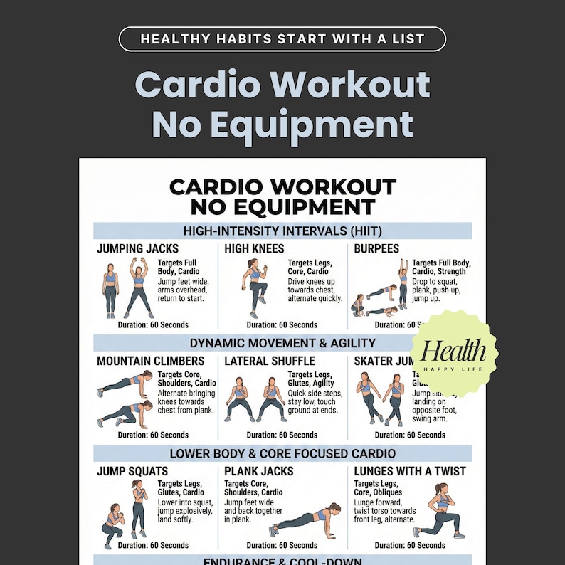 May include: Infographic with a cardio workout routine, titled "Cardio Workout No Equipment." It features exercises like jumping jacks, high knees, burpees, mountain climbers, lateral shuffles, skater jumps, jump squats, plank jacks, and lunges with a twist.
