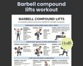 Barbell Compound Lifts Workout Printable, Full Body Workout Guide, Glutes Exercise, Printable Exercises, 30 Day Workout, Home Fitness Plan