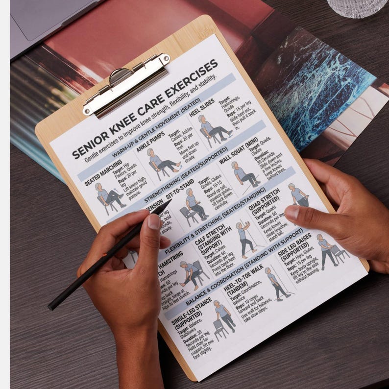 May include: A clipboard featuring a printed guide for senior knee care exercises. The guide provides illustrations and instructions for exercises such as seated marching, heel slides, and calf stretches. A hand holds a pen, indicating the exercises.