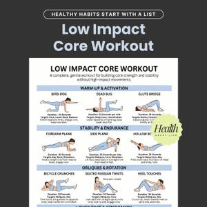 May include: A fitness infographic titled "Low Impact Core Workout" with exercise illustrations. The workout includes warm-up, stability, endurance, and oblique exercises. Text details each exercise, including duration and target areas.
