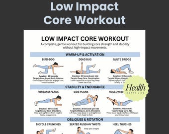 Low Impact Core Workout, Exercise Poster, Home Workout Program, Fitness Plan