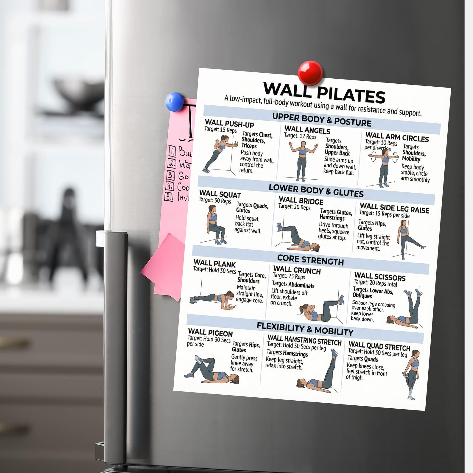 Simple Pilates Routine Wall Pilates Exercises Posters, Basic Workout, Beginner Pilates ...