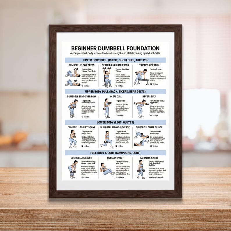 May include: A framed print titled "Beginner Dumbbell Foundation" with a full-body workout guide. The poster features illustrations of exercises targeting chest, shoulders, triceps, back, biceps, legs, glutes, and core. The frame is brown and the poster is on a wooden surface.
