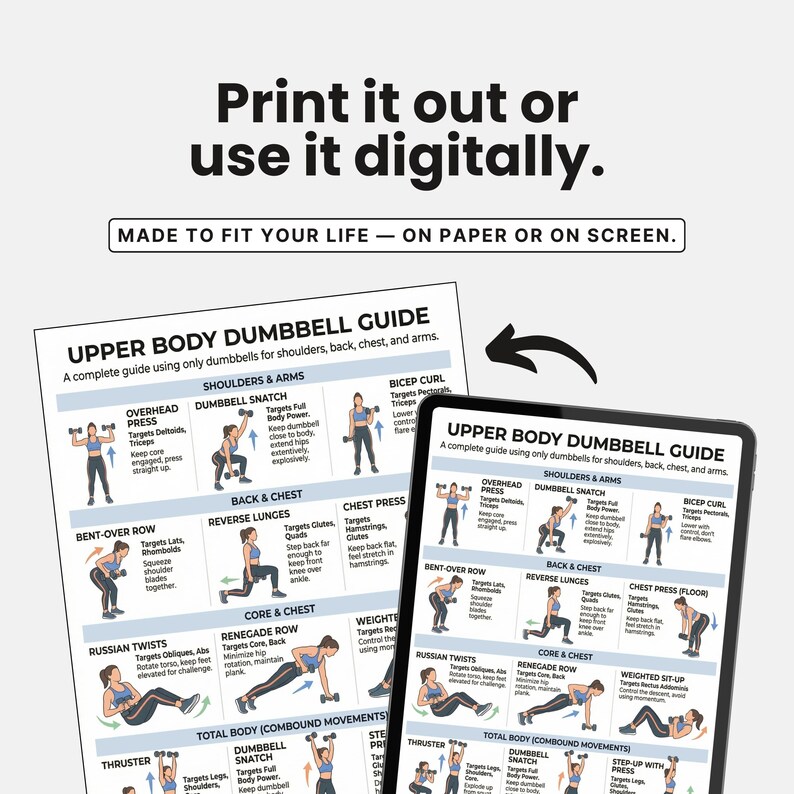 May include: A fitness guide titled "Upper Body Dumbbell Guide" is displayed on paper and a tablet. The guide features illustrated dumbbell exercises targeting shoulders, back, chest, and arms. Text at the top encourages users to print it or use it digitally, made to fit their life.