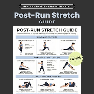 Pode incluir: Um "Guia de Alongamento Pós-Corrida" com ilustrações de exercícios para melhorar a flexibilidade e a recuperação após a corrida. O guia apresenta alongamentos para quadríceps, quadris, isquiotibiais, panturrilhas, glúteos e região lombar. O texto no topo diz "Healthy Habits Start With A List".