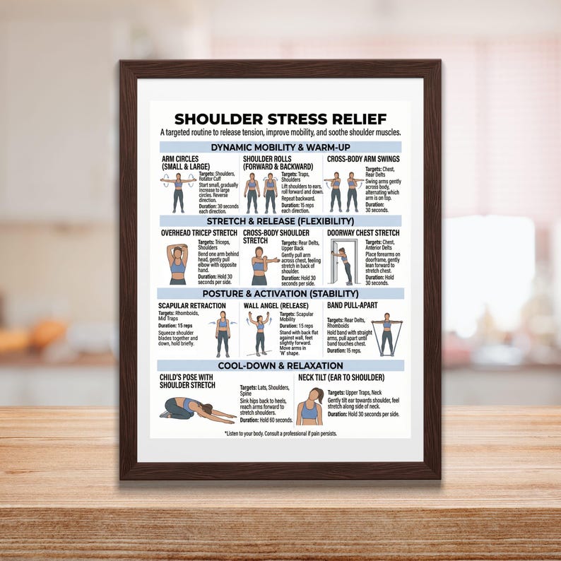 May include: A framed poster with a brown border displays a shoulder stress relief routine. The poster includes diagrams and instructions for various exercises targeting shoulder muscles, promoting mobility and relaxation. Text includes "Dynamic Mobility & Warm-Up" and "Stretch & Release".