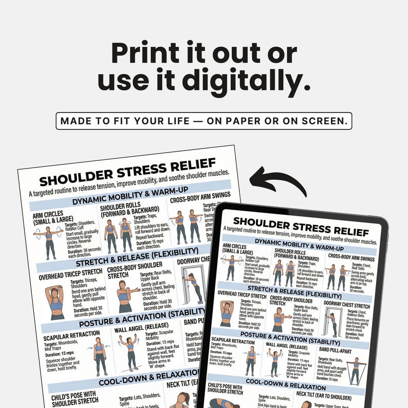 May include: A printed and digital guide for shoulder stress relief, featuring exercises for dynamic mobility, warm-up, stretch, and posture. The text reads "Print it out or use it digitally." and "Made to fit your life - on paper or on screen."