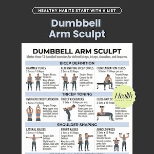 Può includere: Una guida per l'allenamento intitolata "Dumbbell Arm Sculpt" con istruzioni per 12 esercizi mirati a bicipiti, tricipiti, spalle e avambracci. La guida include illustrazioni e dettagli per ogni esercizio, come Hammer Curls.