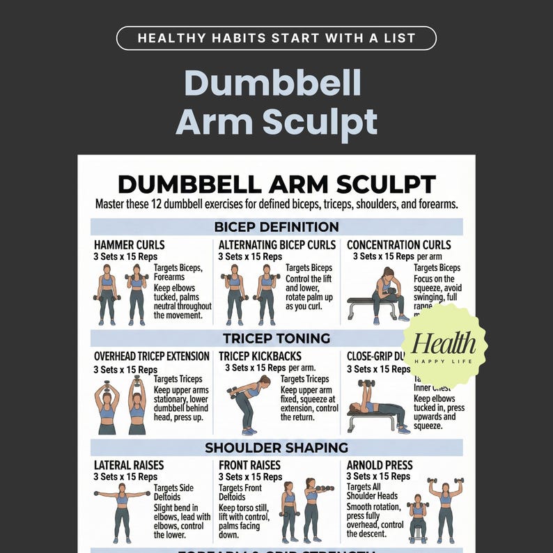 May include: A workout guide titled "Dumbbell Arm Sculpt" with instructions for 12 exercises targeting biceps, triceps, shoulders, and forearms. The guide includes illustrations and details for each exercise, such as Hammer Curls and Lateral Raises.