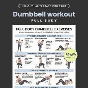 May include: A full-body dumbbell workout guide with illustrations of exercises targeting different muscle groups. The guide includes exercises for upper body, lower body, and core, with instructions and muscle targets.