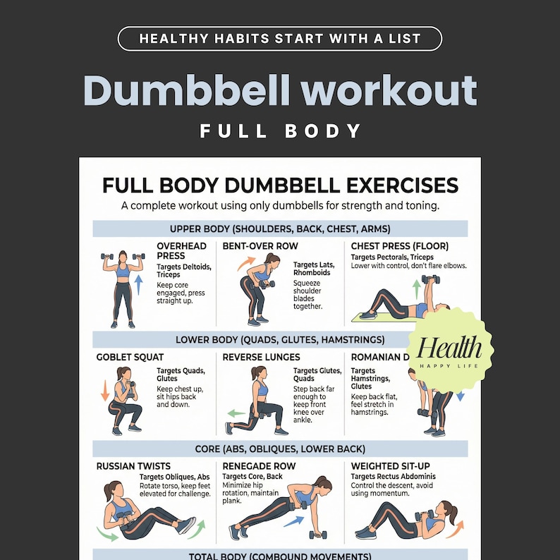 May include: A full-body dumbbell workout guide with illustrations of exercises targeting different muscle groups. The guide includes exercises for upper body, lower body, and core, with instructions and muscle targets.