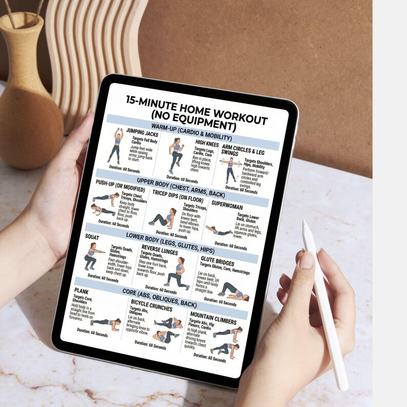 May include: A tablet displays a 15-minute home workout routine with no equipment needed. The workout includes exercises like jumping jacks, high knees, arm circles, leg swings, push-ups, tricep dips, squats, reverse lunges, glute bridges, planks, bicycle crunches, and mountain climbers.