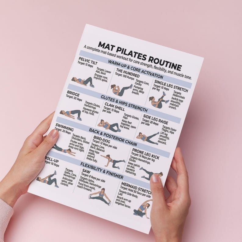 May include: A complete mat-based Pilates routine guide for core strength, flexibility, and muscle tone. The white paper, held by hands, features illustrated exercises like the pelvic tilt, bridge, and swimming, with target reps and muscle groups.