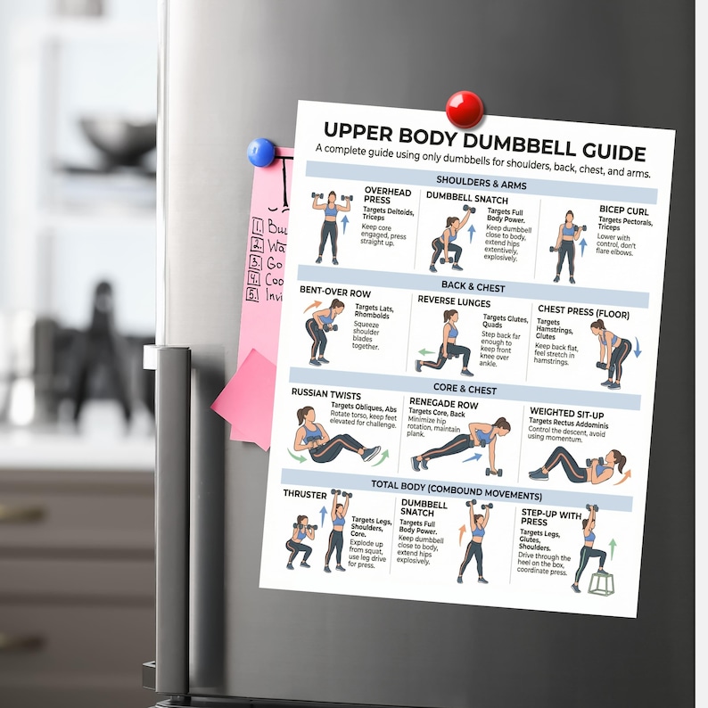 May include: A refrigerator door displays a printed "Upper Body Dumbbell Guide" with exercise illustrations. The guide includes exercises for shoulders, back, chest, and arms. A pink sticky note and magnets are also attached.