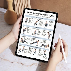May include: A tablet displays an "Upper Body Dumbbell Guide" with exercise illustrations for shoulders, back, chest, and arms. The guide includes exercises like Overhead Press, Dumbbell Snatch, and Bicep Curl. A stylus is held near the screen.