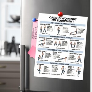 May include: A white printed workout guide titled "Cardio Workout No Equipment" is attached to a refrigerator with magnets. The guide details exercises like jumping jacks, high knees, burpees, and more, with illustrations.