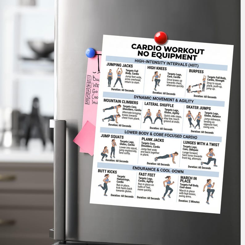 May include: A white printed workout guide titled "Cardio Workout No Equipment" is attached to a refrigerator with magnets. The guide details exercises like jumping jacks, high knees, burpees, and more, with illustrations.