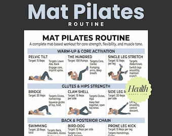 Mat Pilates Routine Posters, Basic Workout, Beginner Pilates, Printable Exercises, 30 Day Workout, Home Workout Plan