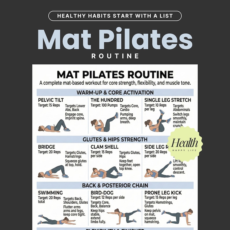 May include: A graphic illustrating a Mat Pilates routine, with exercises targeting core strength, flexibility, and muscle tone. The routine includes exercises like Pelvic Tilt, The Hundred, Single Leg Stretch, Bridge, Clam Shell, Side Leg Raise, Swimming, Bird-Dog, and Prone Leg Kick.