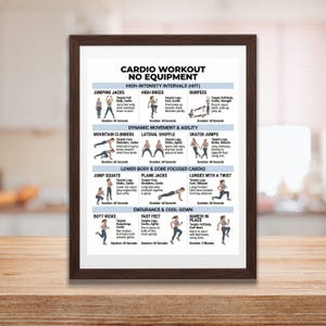 May include: A framed print with a cardio workout routine, titled "Cardio Workout No Equipment." The poster features illustrated exercises like jumping jacks, high knees, burpees, mountain climbers, and skater jumps. The exercises are grouped by category.