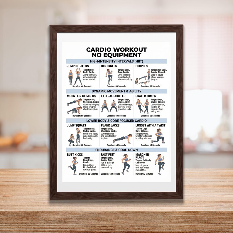 May include: A framed print with a cardio workout routine, titled "Cardio Workout No Equipment." The poster features illustrated exercises like jumping jacks, high knees, burpees, mountain climbers, and skater jumps. The exercises are grouped by category.