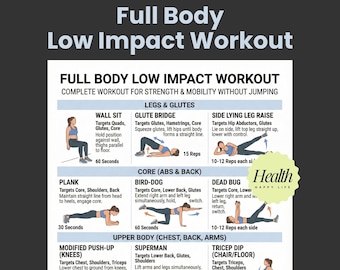 Entrenamiento de cuerpo completo de bajo impacto, póster de ejercicios, programa de entrenamiento en casa, plan de acondicionamiento físico