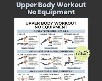 Bovenlichaam geen training, training bovenlichaam afdrukbaar, traininggids onderlichaam, afdrukbare oefeningen, thuisfitnessplan