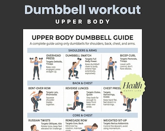 Rutina de ejercicios con mancuernas imprimible, Guía de ejercicios para la parte superior del cuerpo, Ejercicios con mancuernas, Ejercicios imprimibles, Rutina de 30 días, Plan de fitness en casa