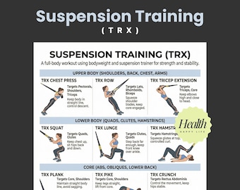 Entrenamiento de cuerpo completo con entrenador de suspensión, ejercicios con peso corporal en casa con correas de suspensión, rutina con correas, fitness en casa, ejercicios imprimibles