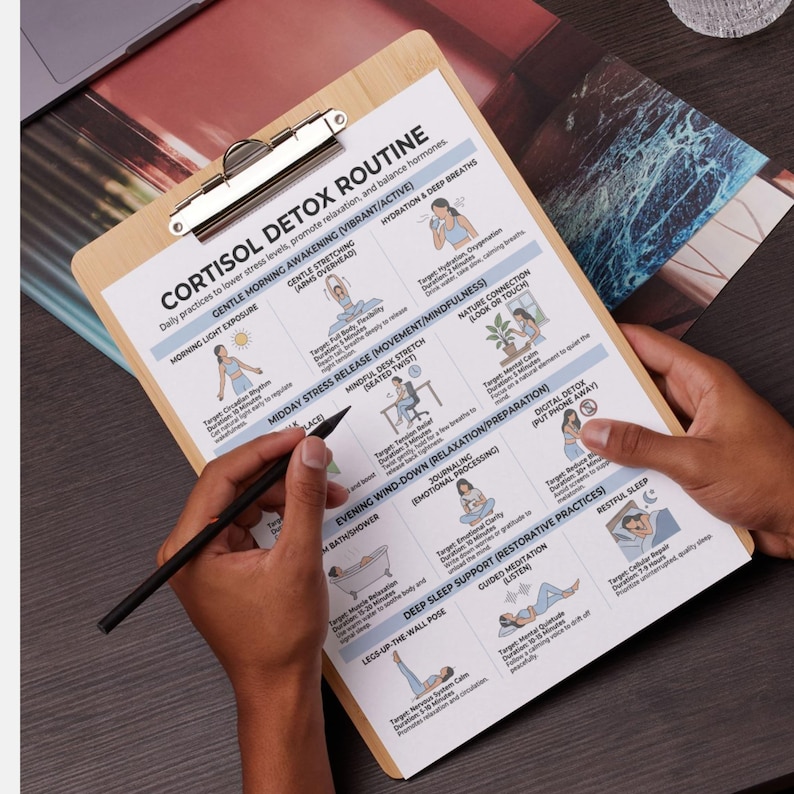 May include: A clipboard with a printed "Cortisol Detox Routine" guide, featuring illustrations and text about daily practices for stress reduction. The guide includes sections on morning awakening, midday stress release, and restful sleep. A person is holding the clipboard and a pen.