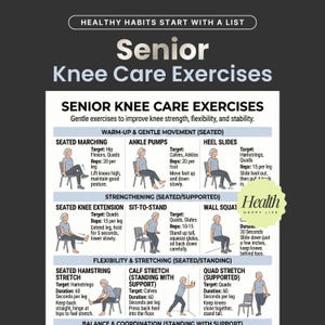 May include: A guide for senior knee care exercises, featuring illustrations of various stretches and movements. The exercises are categorized by warm-up, strengthening, and flexibility, with instructions for each, including reps and duration. The guide is on a dark background.