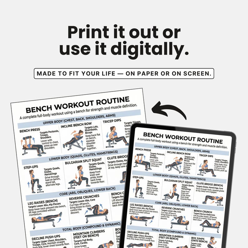 Bench Workout Poster, Full Body Workout, Printable Exercises, 30 Day ...