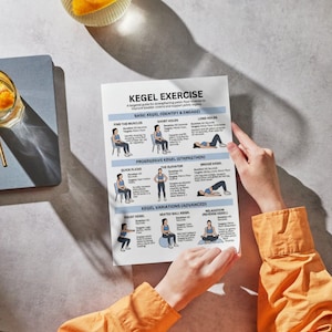 May include: A person holding a white printed guide titled "KEGEL EXERCISE". The guide features illustrations and instructions for various Kegel exercises, including "Basic Kegel", "Progressive Kegel", and "Kegel Variations". The person is wearing an orange shirt.