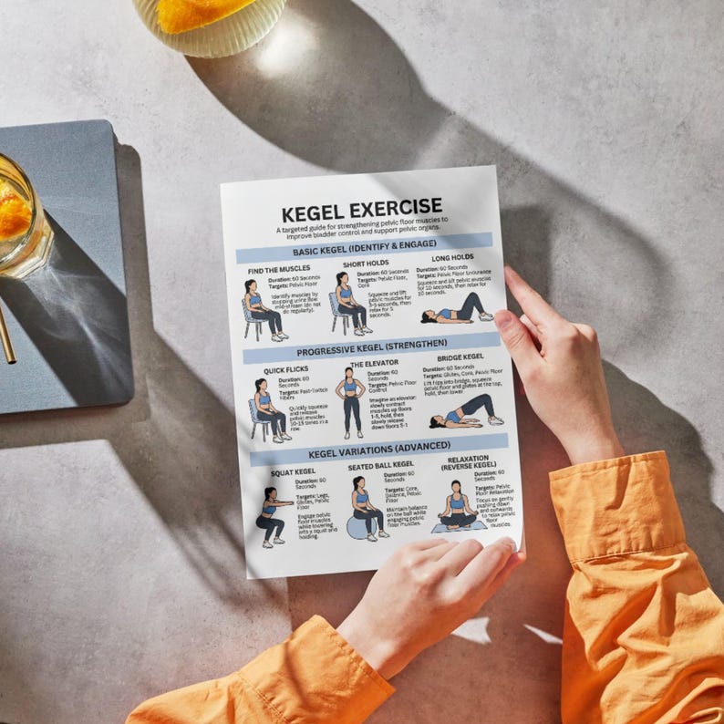 May include: A person holding a white printed guide titled "KEGEL EXERCISE". The guide features illustrations and instructions for various Kegel exercises, including "Basic Kegel", "Progressive Kegel", and "Kegel Variations". The person is wearing an orange shirt.