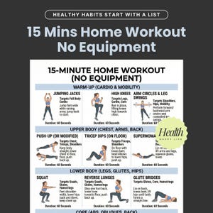 May include: A workout guide with the text "15 Mins Home Workout No Equipment." The guide details exercises like jumping jacks, high knees, push-ups, squats, and glute bridges. Each exercise is illustrated with a stick figure and includes a 60-second duration.