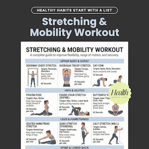 Puede incluir: Una guía detallada de ejercicios de estiramiento y movilidad. La imagen presenta una tabla completa con ilustraciones e instrucciones para varios ejercicios dirigidos a diferentes grupos musculares, incluyendo la parte superior del cuerpo, caderas, glúteos y piernas. El texto incluye nombres y duraciones de ejercicios.