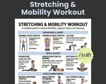 May include: A detailed guide to stretching and mobility workouts. The image features a comprehensive chart with illustrations and instructions for various exercises targeting different muscle groups, including upper body, hips, glutes, and legs. The text includes exercise names and durations.