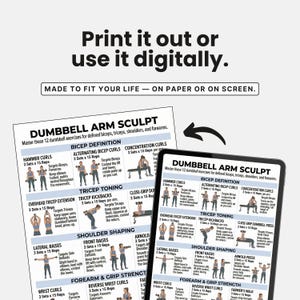 May include: A fitness guide titled "Dumbbell Arm Sculpt" with exercise illustrations for biceps, triceps, shoulders, and forearms. The guide is shown on paper and a tablet, with instructions to print or use digitally.