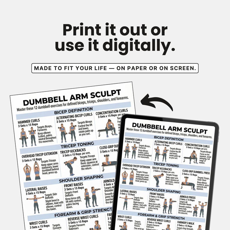 May include: A fitness guide titled "Dumbbell Arm Sculpt" with exercise illustrations for biceps, triceps, shoulders, and forearms. The guide is shown on paper and a tablet, with instructions to print or use digitally.