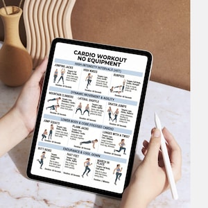 May include: A tablet displaying a "Cardio Workout No Equipment" guide. The guide features illustrated exercises like jumping jacks, high knees, burpees, mountain climbers, and more. The tablet is held by a person, with a stylus visible.