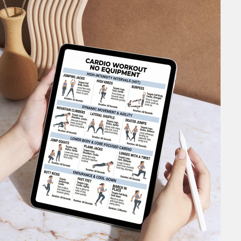 May include: A tablet displaying a "Cardio Workout No Equipment" guide. The guide features illustrated exercises like jumping jacks, high knees, burpees, mountain climbers, and more. The tablet is held by a person, with a stylus visible.